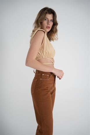Bel Bağlamalı Crop Candy Tshirt Bej
