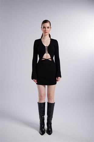 İspanyol Kollu İp Detaylı Fels Triko Hırka Siyah