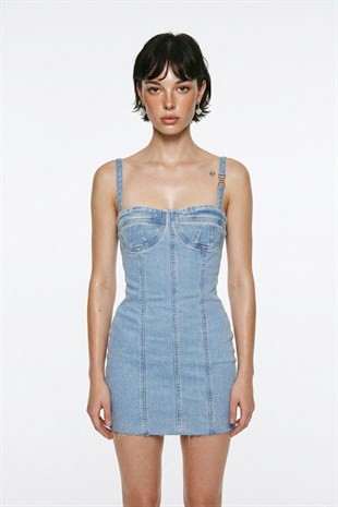 H Aksesuarlı Likralı Mini Danny Jean Elbise Mavi