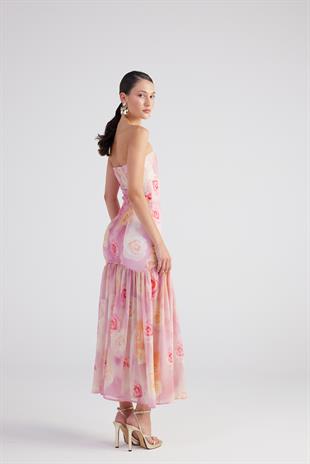 Gül Desenli Gipeli Yırtmaçlı Şifon Uzun Vivian Elbise Pembe