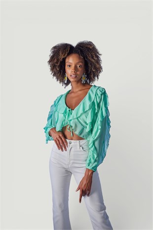 Crop Model Bağlamalı Kol Detaylı Elsa Bluz Yeşil