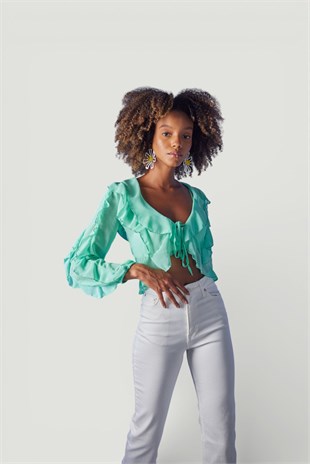 Crop Model Bağlamalı Kol Detaylı Elsa Bluz Yeşil