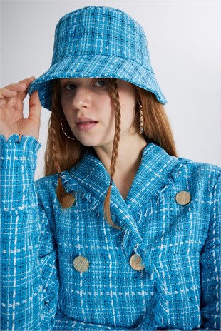Tüvit Kumaş Logolu Bucket Tweed Şapka Mavi