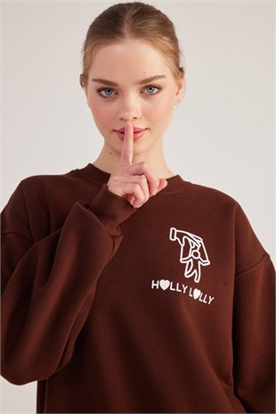 Oversize Kesim Unisex Gaslighting Sweatshirt Kahve