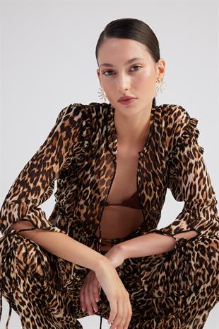 Bağlama Detaylı Leopar Desenli Şifon Savage Gömlek Kahve