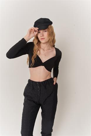 Crop Model Uzun Kol Walery Bluz Siyah