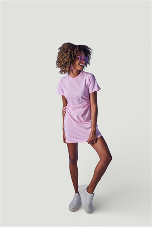 Bisiklet Yaka Kısa Kol Wex Tshirt Elbise Pembe