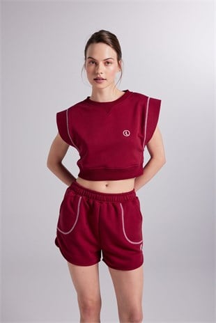 Crop Kesim Kontrast Dikişli Rhode Tshirt Bordo