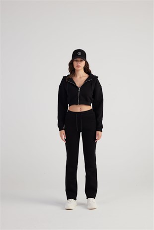 Kadın Siyah Yüksek Bel Straight Kesim Şardonlu Mixed Eşofman Altı
