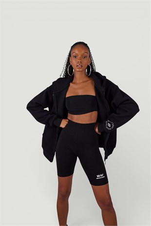 Uzun Kol Kapüşonlu Fermuar Kapamalı Hoody Sweatshirt Siyah