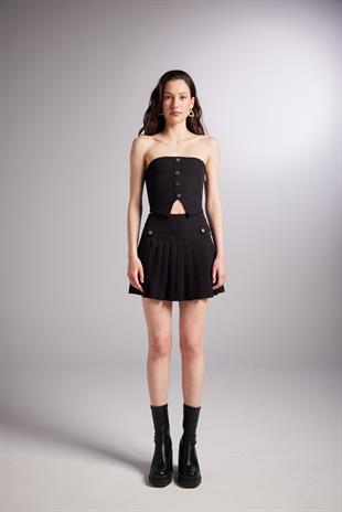 Pilili Mini Devon Şort Etek Siyah