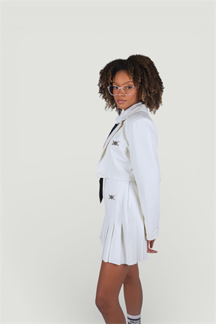 Fermuar Kapamalı Pileli Mini College Deri Etek Ekru