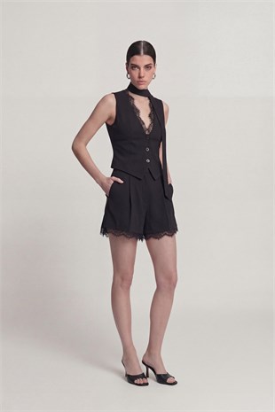 High-Waisted Pleated Lace Nina Shorts, Black