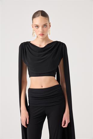 Şal Detaylı Bluz ve İspanyol Pantolonlu Finley Takım Siyah