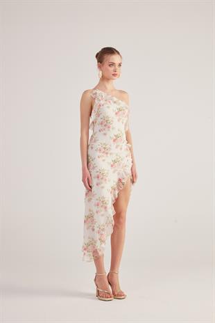 Tek Omuzlu Fırfır Detaylı Şifon Amorous Elbise Ekru