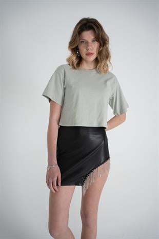 Kısa Kol Bisiklet Yaka Basic Viole Tshirt Haki