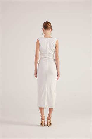 V Yaka Yırtmaçlı Astarlı Uzun Kate Elbise Beyaz