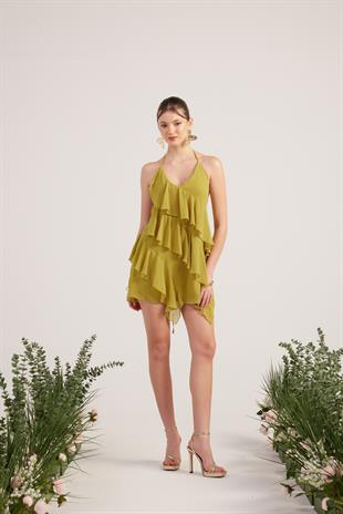 Fırfır Detaylı Şifon Kumaş Mini Ulya Elbise Yeşil