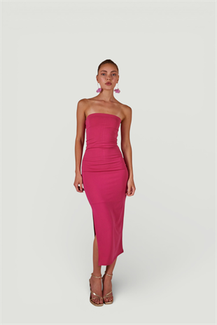 Yırtmaçlı Straplez Midi Bodycon Elbise Pembe