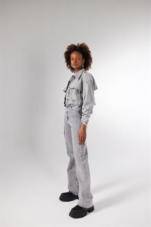 Yüksek Bel Kesik Paça Lorenzo Jean Pantolon Gri