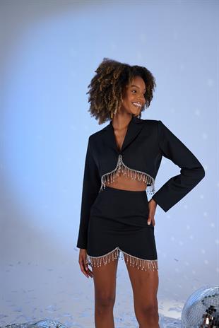 Taşlı Aksesuar Detaylı Astarlı Crop Spark Ceket Siyah