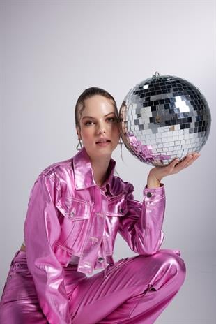 Varak Kaplama Crop Millen Ceket Pembe