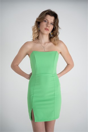 Yırtmaçlı Mini Boy Balenli Laura Elbise Yeşil