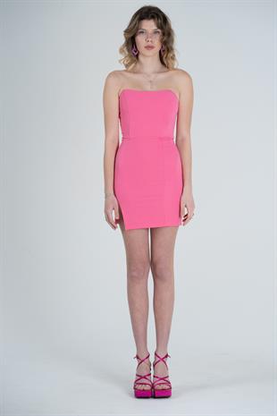 Yırtmaçlı Mini Boy Balenli Laura Elbise Pembe
