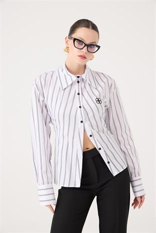 Çizgili Belden Oturmalı Betty Gömlek Beyaz