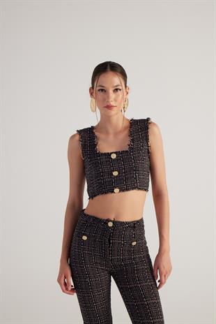 Tüvit Kumaş Crop Tweed Büstiyer Siyah