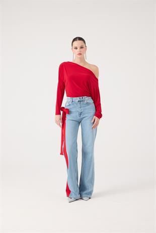 Yüksek Bel Kurdele Detaylı Wide Leg Kyla Jean Pantolon Mavi