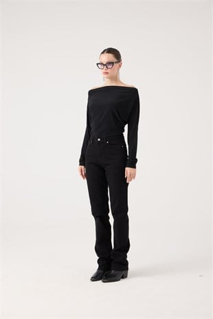 Yüksek Bel Straight Kesim Sagrado Jean Pantolon Siyah