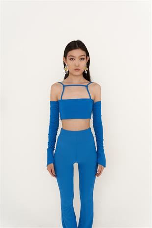 Crop Model Askılı Uzun Kol Molly Bluz Mavi