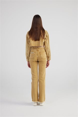 Mermer Desenli Kırçıl Detaylı Straight Kesim Paça Yırtmaçlı Rusted Jean Pantolon Camel