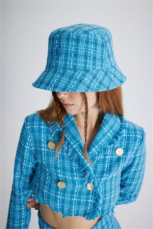 Tüvit Kumaş Logolu Bucket Tweed Şapka Mavi