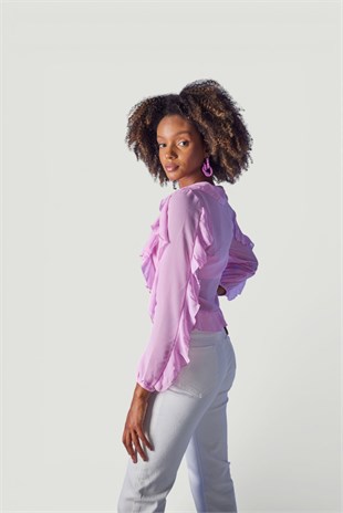 Crop Model Bağlamalı Kol Detaylı Elsa Bluz Pembe