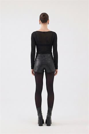Yüksek Bel Mini Meghan Deri Şort Siyah
