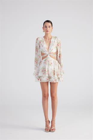 Çiçek Desenli Mini Amalfi Elbise Ekru