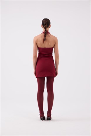 Gül Aksesuarlı Halter Yaka Düğmeli Mini Becca Elbise Bordo