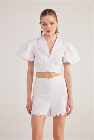Astarlı, Brode Detaylı Poplin Fairy Şort Beyaz