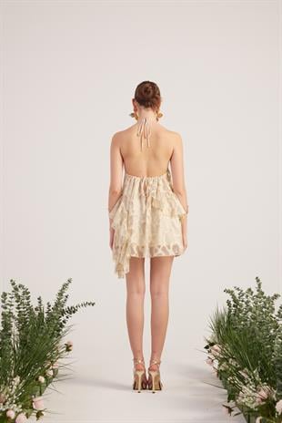 Fırfırlı Parlak Kumaşlı Mini Daniela Elbise Bej 