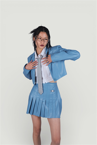 Fermuar Kapamalı Pileli Mini College Deri Etek Mavi