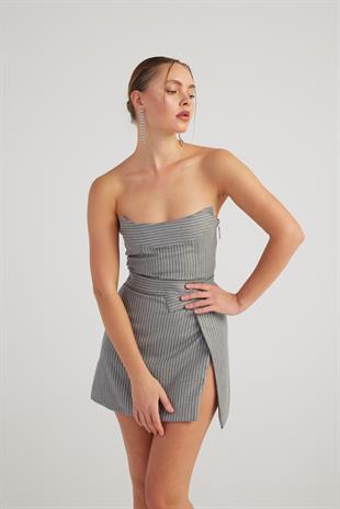 Simli Çizgili Crop Eden Büstiyer Gri