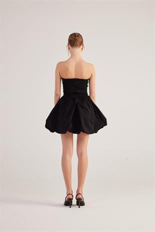 Balon Etekli Kurdelalı Mini Martha Elbise Siyah