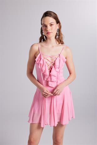 Fırfır Detaylı Şifon Mini Sorento Elbise Pembe