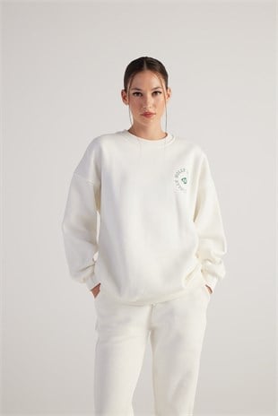 3 İplik Şardonlu Uzun Kol Bisiklet Yaka Fine Sweatshirt Ekru
