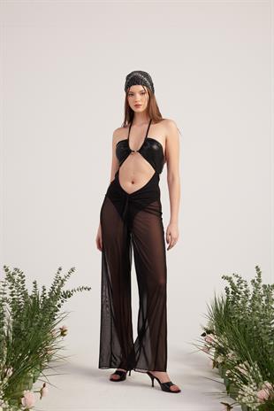 Beli İp Detaylı Tül Pareo Shirred Pantolon Siyah