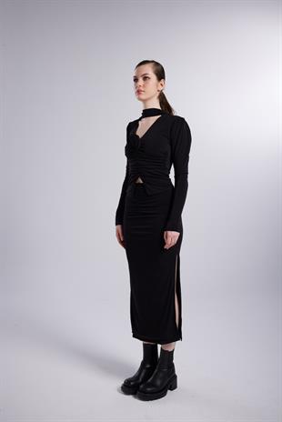 Çift Yırtmaçlı Maxi Serre Etek Siyah