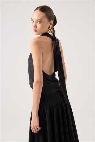 Degaje Yaka Saten Dalia Bluz Siyah