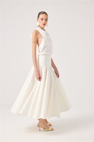 Fermuarlı Uzun Elenor Etek Beyaz